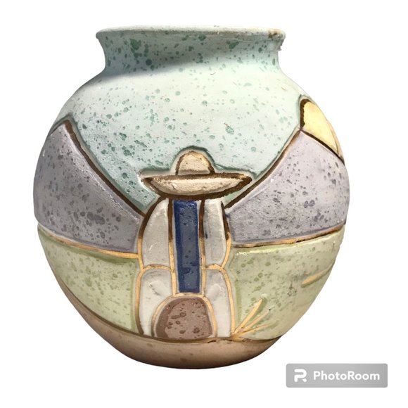 Vintage Mexican Tonala Pottery Vase Signed R. Gonza Artist Made in Mexico Pastel - Picture 1 of 14